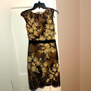 Stunning formal short dress with couture layered lace. black/gold/cream